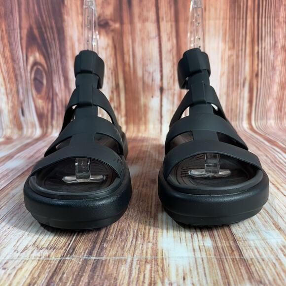 Crocs BROOKLYN LUXE Womens Size 6 Black Gladiator Wedge Sandals Open Toe Shoes - Picture 2 of 9